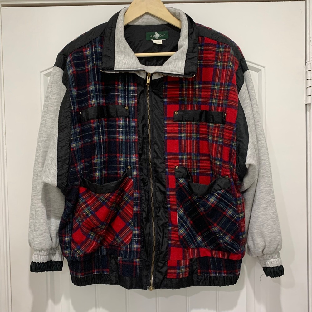 VTG Hunt Club Vintage 90s Plaid Colorblock Mixed Media Bomber Jacket Mens Sz L